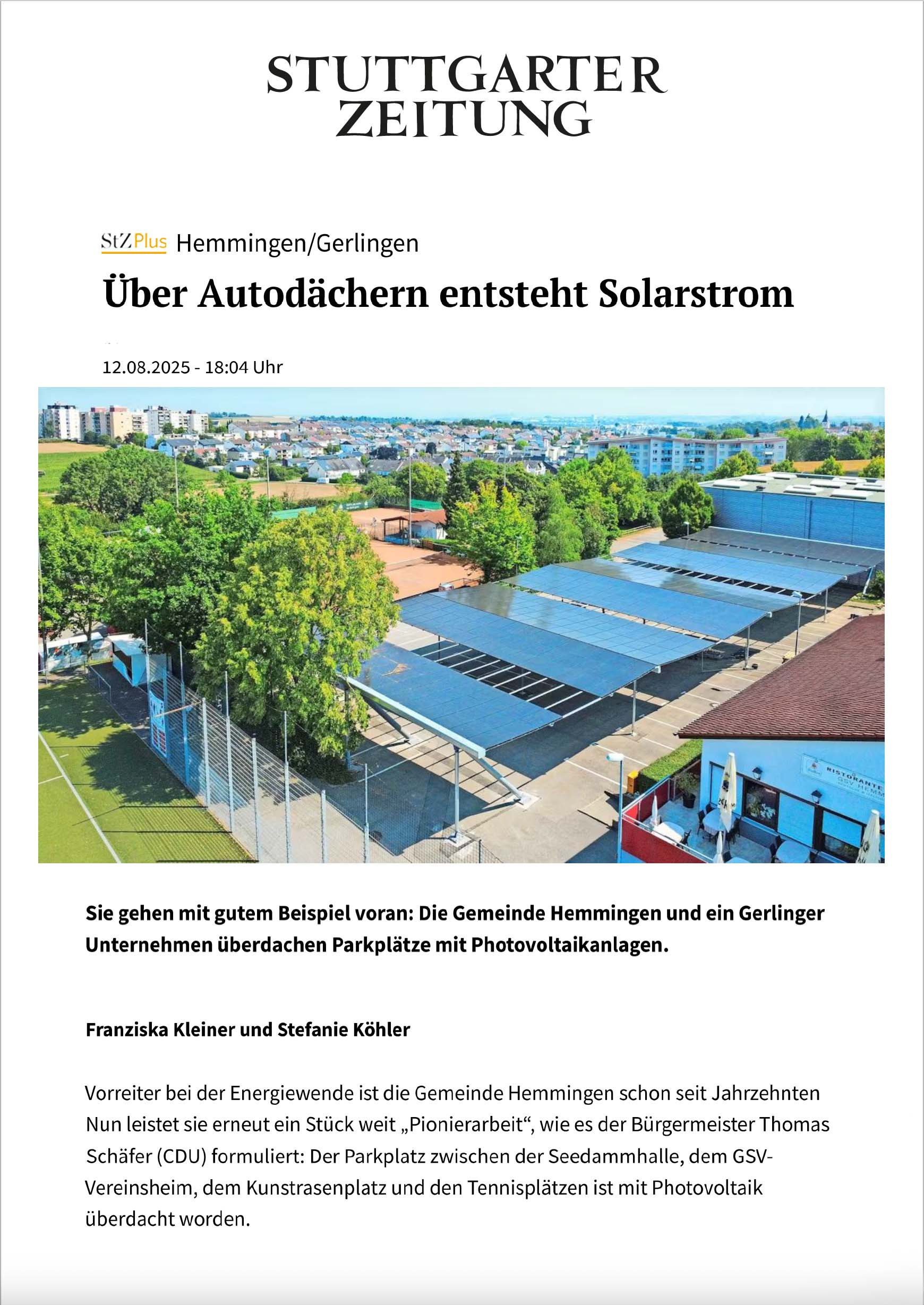 PARK-SOLAR in Hemmingen, Stuttgarter Zeitung, Presse