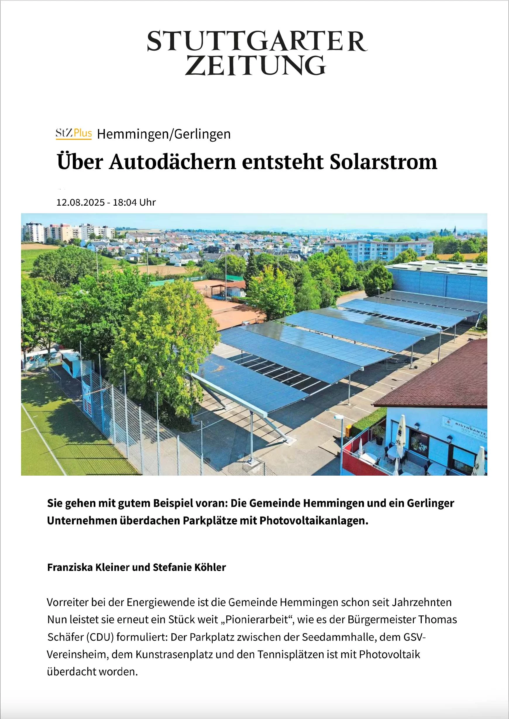 PARK-SOLAR in Hemmingen, Stuttgarter Zeitung, Presse PARK-SOLAR in Hemmingen, Stuttgarter Zeitung, Presse
